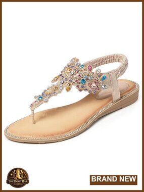 Women Flat Thong Sandals Rhinestone Sparkly Boho Ankle Strap Non-slip for Summer